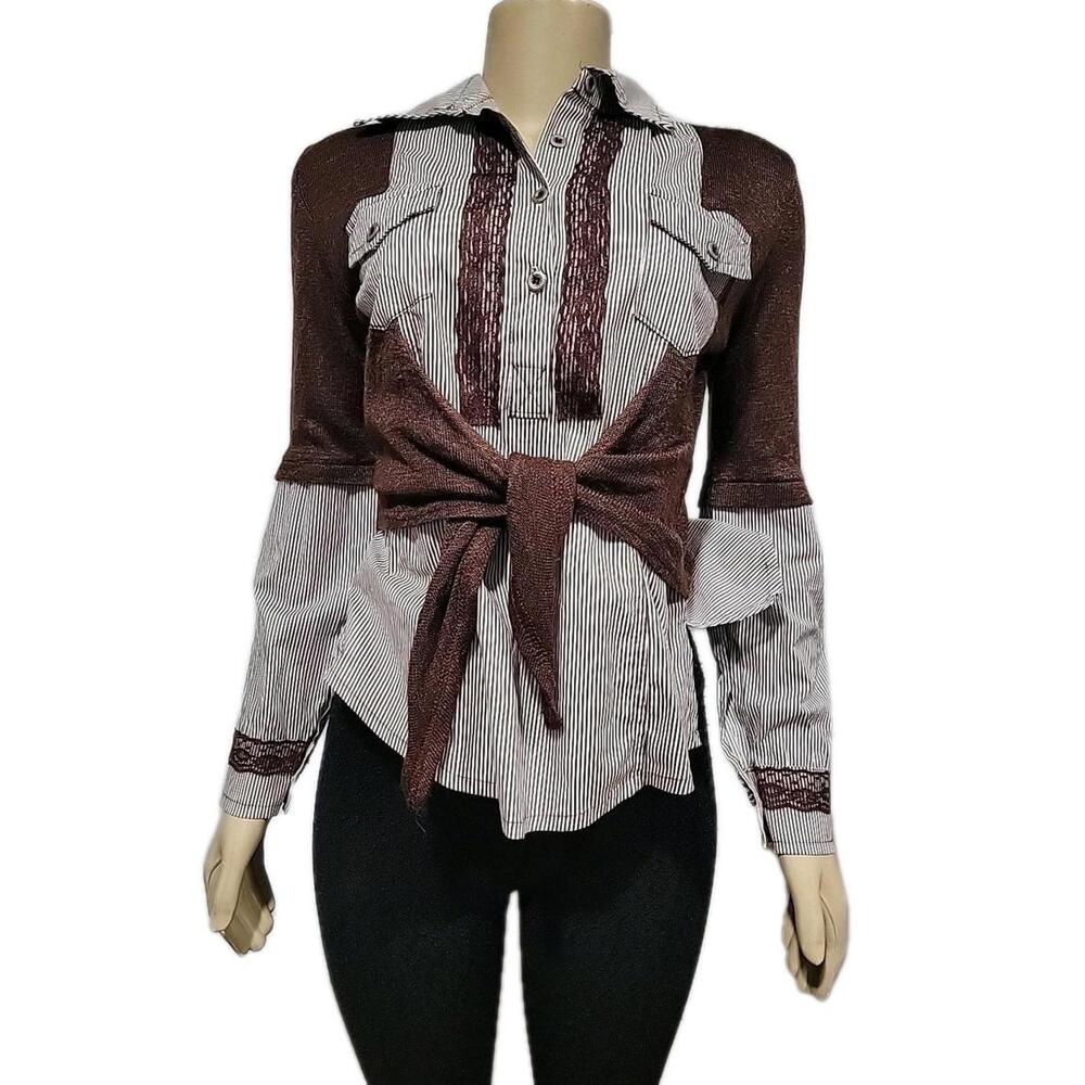 Zone Bleue Long Sleeve FITS S/M Brown Striped Women's Blouse Tie Front #C